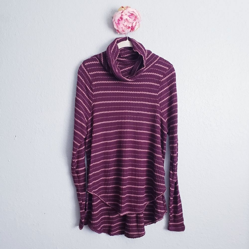 Free People Kristina Plum Striped Cowl Neck Waffleknit Thermal